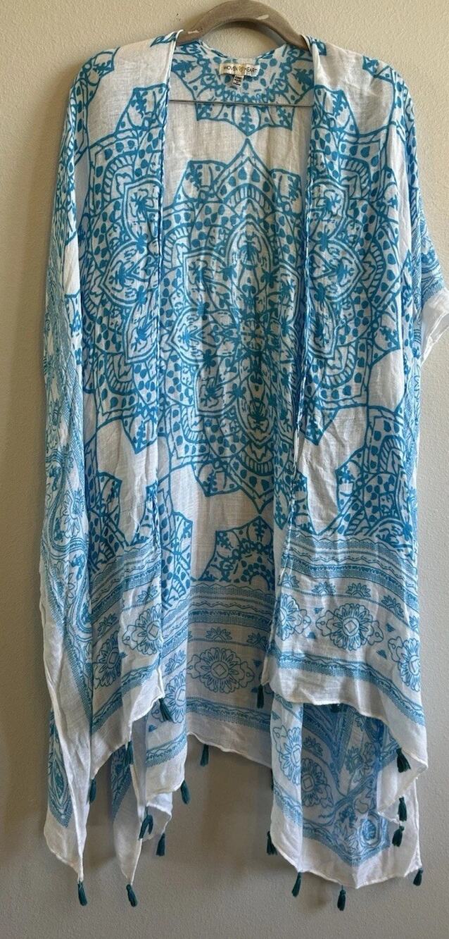 Woven Heart Kimono Cover Up tassles boho Blue Beach resort luxury duster open